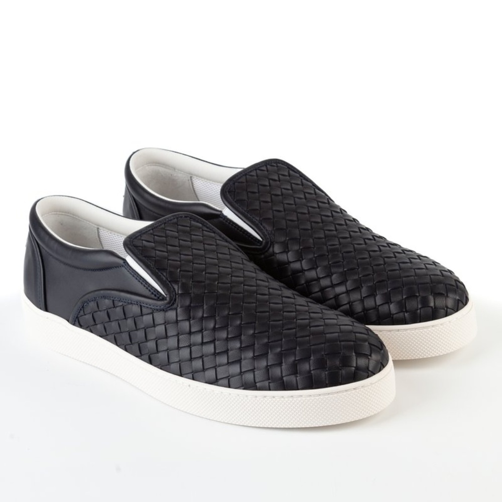BOTTEGA VENETA  NAVY WOVEN LEATHER SLIP ON SNEAKER